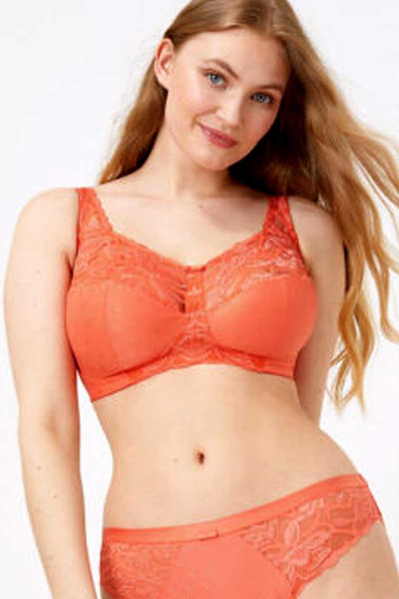 MARKS & SPENCER ‘BOUTIQUE’ WHITE/ORANGE EMB LACE FULL CUP BRA. SIZE 34F